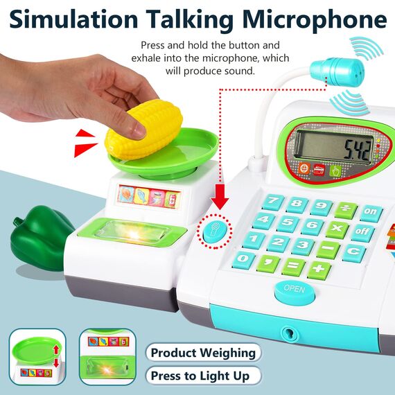 HERSITY Kaufladen Kasse Spielzeug, Registrierkasse Kinder mit Scanner Mikrofon, Große Spielkasse 31*15*12cm, Supermarktkasse mit Lichtern und Sound Rollenspiel Geschenk Jungen Mädchen 3 4 5 Jahren