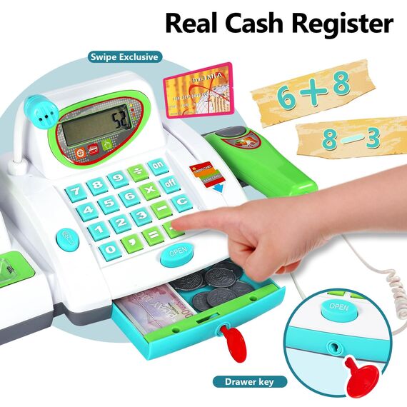 HERSITY Kaufladen Kasse Spielzeug, Registrierkasse Kinder mit Scanner Mikrofon, Große Spielkasse 31*15*12cm, Supermarktkasse mit Lichtern und Sound Rollenspiel Geschenk Jungen Mädchen 3 4 5 Jahren