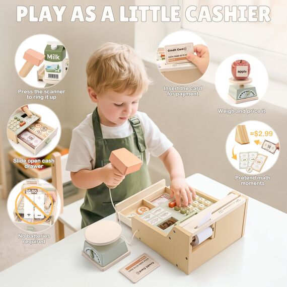Dreamon Holz Kasse Kinder, Holz Spielkasse Kinderkasse mit Scanner Kaufladen Spielzeug mit Schürze Geschenk für Junge Mädchen 3 4 5 6 7 Jahren