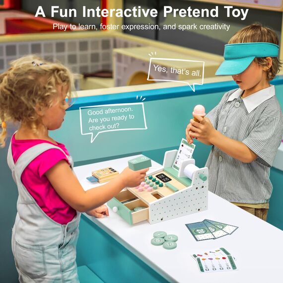 OSLINE Geschenk für 2 3 4 5 Jährige Mädchen Junge,Montessori Holz Spielzeug Kasse Kinderab 2-5 Jahr, inkl.Spielgeld Kartenlesegerät Kaufladen Zubehör,Geschenk Kind Geburtstag