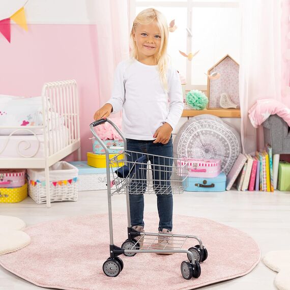 Bayer Design 75001AA Einkaufswagen Supermarkt Kinder, Silber, aus Metall, integrierter Sitz, Doppelräder, Kaufladenzubehör