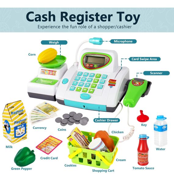 HERSITY Kaufladen Kasse Spielzeug, Registrierkasse Kinder mit Scanner Mikrofon, Große Spielkasse 31*15*12cm, Supermarktkasse mit Lichtern und Sound Rollenspiel Geschenk Jungen Mädchen 3 4 5 Jahren