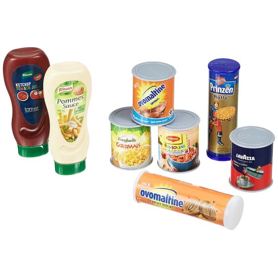 tanner DER KLEINE KAUFMANN TANNER Deco - Lebensmittel Set, mit 8 beliebten Markenprodukten, Zubehör für Kaufmannsladen, lebensmittelechtes Design, 0329.1