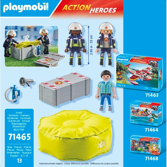 PLAYMOBIL Action Heroes 71465 Feuerwehrleute mit Luftkissen, Lebensretter im Einsatz, mit zahlreichen Extras wie Helmen, Megafon und Feuerlöscher, detailreiches Spielzeug für Kinder ab 4 Jahren