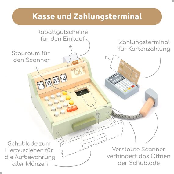 UMU® Kinder Kasse aus Holz - inkl. Scanner, Zahlungsterminal, Spielgeld usw., Kaufladen Zubehör für Rollenspiele, Spielkasse für Kinder ab 3 4 5 6 Jahren