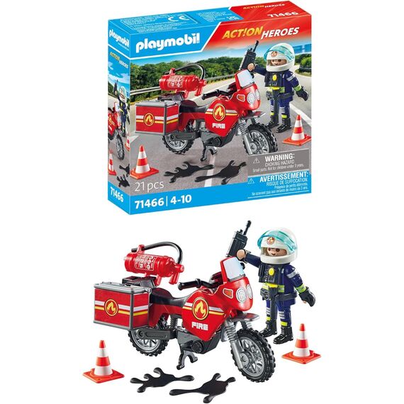 PLAYMOBIL Action Heroes 71466 Feuerwehrmotorrad am Unfallort, rasante Fahrt zum Einsatz, mit vielfältigem Zubehör wie Funkgerät und Feuerlöscher, realitätsnahes Spielzeug für Kinder ab 4 Jahren