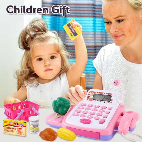 HYAKIDS Spielkasse Kinder Kasse Spielzeug ab 3 Jahre Mädchen, Kassenstation mit Licht & Sound und Scanner Spielgeld Münzen Einkaufskorb, Kaufladen Zubehör Rollenspiele Geschenke für Kinder