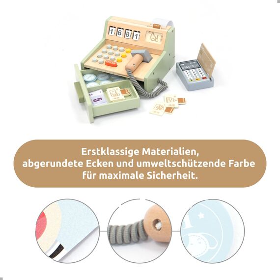 UMU® Kinder Kasse aus Holz - inkl. Scanner, Zahlungsterminal, Spielgeld usw., Kaufladen Zubehör für Rollenspiele, Spielkasse für Kinder ab 3 4 5 6 Jahren
