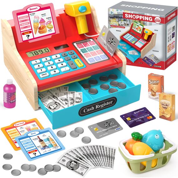 2026 Kasse Kinder Spielzeug aus Holz mit Scanner Rechnerfunktion, Elektronische Spielzeug Kaufladen Zubehör für Kinder, Kinderkasse Kaufladen Rollenspiel Geschenk für Jungen Mädchen ab 3 4 5 6 Jahren