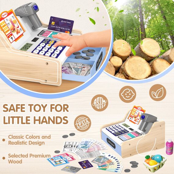 2026 Kasse Kinder Spielzeug aus Holz mit Scanner Rechnerfunktion, Elektronische Spielzeug Kaufladen Zubehör für Kinder, Kinderkasse Kaufladen Rollenspiel Geschenk für Jungen Mädchen ab 3 4 5 6 Jahren