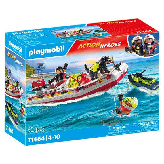 PLAYMOBIL Action Heroes 71464 Feuerwehrboot mit Aqua Scooter, aufregende Wasserrettung, inklusive Taucherbrille, Schwimmflossen und Rettungsweste, realitätsnahes Spielzeug für Kinder ab 4 Jahren