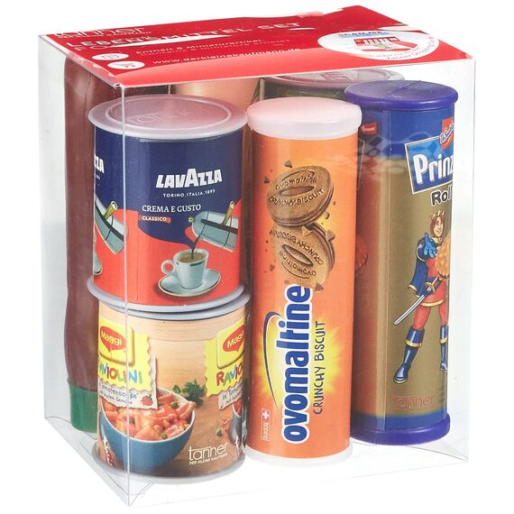 tanner DER KLEINE KAUFMANN TANNER Deco - Lebensmittel Set, mit 8 beliebten Markenprodukten, Zubehör für Kaufmannsladen, lebensmittelechtes Design, 0329.1