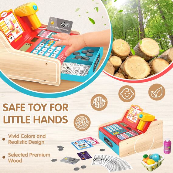 2026 Kasse Kinder Spielzeug aus Holz mit Scanner Rechnerfunktion, Elektronische Spielzeug Kaufladen Zubehör für Kinder, Kinderkasse Kaufladen Rollenspiel Geschenk für Jungen Mädchen ab 3 4 5 6 Jahren