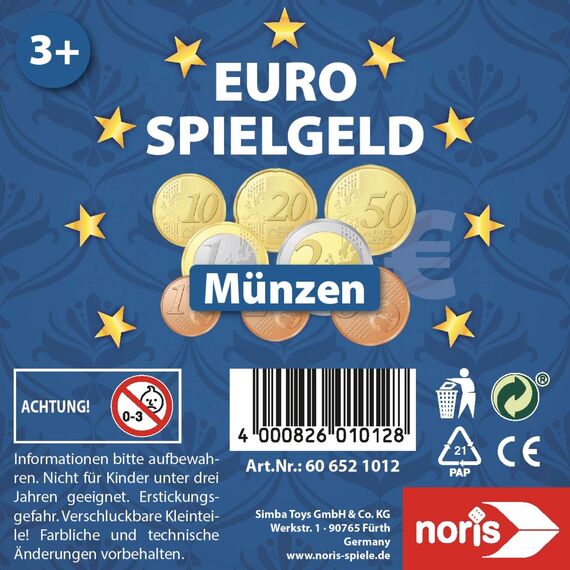 Noris 606521012 - Spielgeld Münzen - geeignet als Spielset für Spielkassen, Kaufladen, rechnen lernen, uvm., ab 3 Jahren