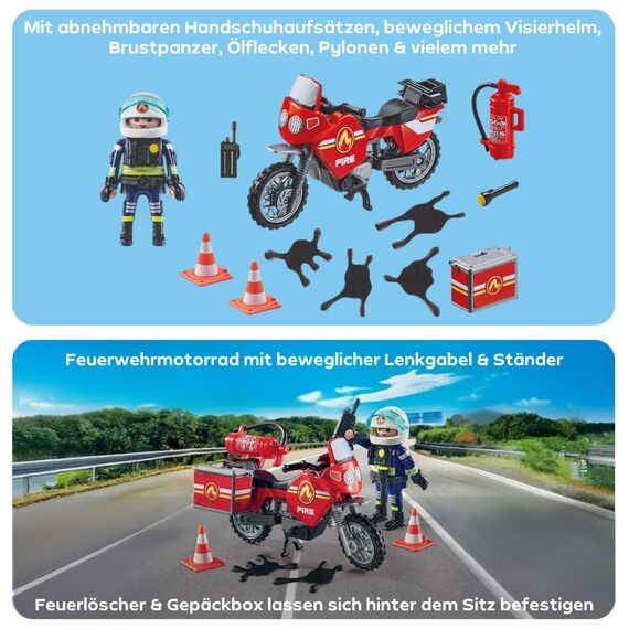 PLAYMOBIL Action Heroes 71466 Feuerwehrmotorrad am Unfallort, rasante Fahrt zum Einsatz, mit vielfältigem Zubehör wie Funkgerät und Feuerlöscher, realitätsnahes Spielzeug für Kinder ab 4 Jahren