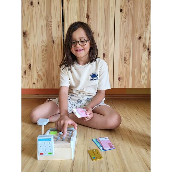 Small Foot Spielkasse aus Holz, inkl. Scanner, Kartenlesegerät, Spielgeld und Kreditkarten, Mehrfarbig, 11099 Spielzeug