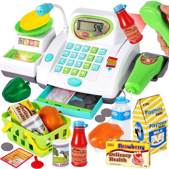 HERSITY Kaufladen Kasse Spielzeug, Registrierkasse Kinder mit Scanner Mikrofon, Große Spielkasse 31*15*12cm, Supermarktkasse mit Lichtern und Sound Rollenspiel Geschenk Jungen Mädchen 3 4 5 Jahren