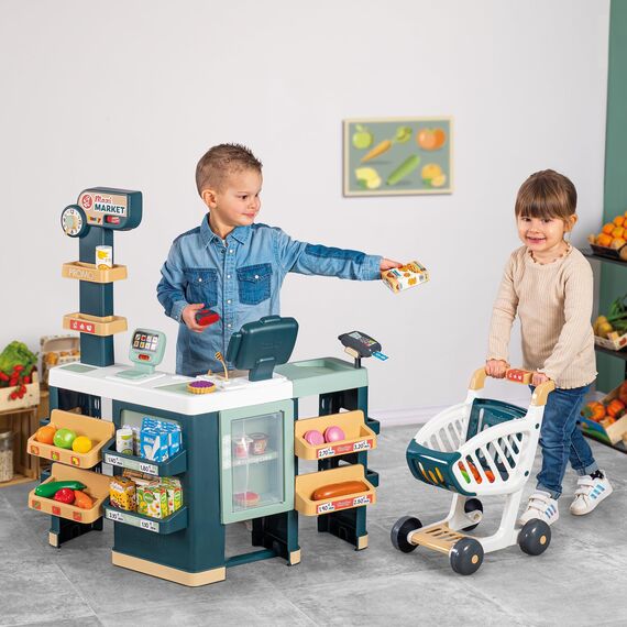 Smoby – Supermarkt Maxi mit Einkaufswagen – moderner Kaufladen für Kinder – Regale, Gemüse, Obst – Kühlbereich – Zahlreiches Zubehör, für Kinder ab 3 Jahren