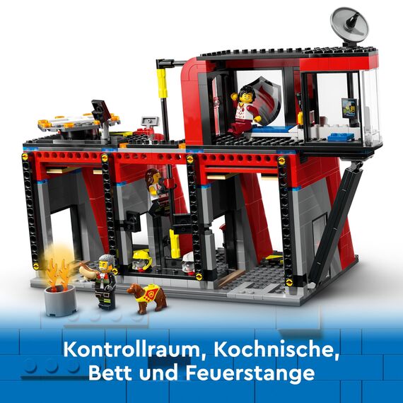LEGO City Feuerwehrstation mit Drehleiterfahrzeug, Feuerwehr-Spielzeug mit Feuerwache und Feuerwehrauto, Geburtstagsgeschenk für Kinder ab 6 Jahren, Set mit Hund und 5 Minifiguren 60414