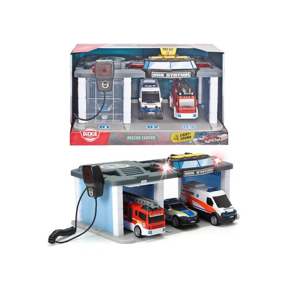 Dickie Toys SOS Rettungsstation mit Polizei, Feuerwehr und Krankenwagen, Station mit Licht & Sound, Mikrofon mit Lautsprecherfunktion, Tore zum Öffnen, inkl. Batterien, 31x22x16 cm, Blue