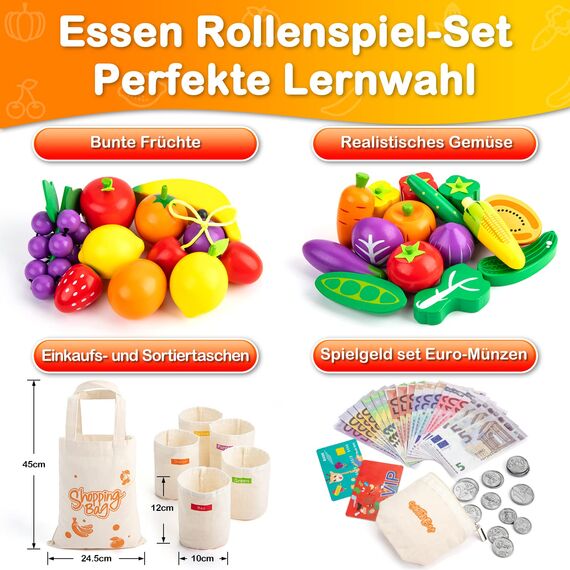 SEMKOTREE Kaufladen Zubehör Holz, Spiellebensmittel Kinderküche Zubehör, Kaufmannsladen Zubehör mit Spielgeld Euro Scheine und Münzen, Rollenspielzeug für Jungen Mädchen 3 Jahren