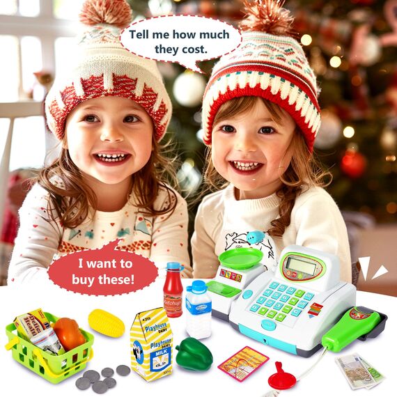 HERSITY Kaufladen Kasse Spielzeug, Registrierkasse Kinder mit Scanner Mikrofon, Große Spielkasse 31*15*12cm, Supermarktkasse mit Lichtern und Sound Rollenspiel Geschenk Jungen Mädchen 3 4 5 Jahren