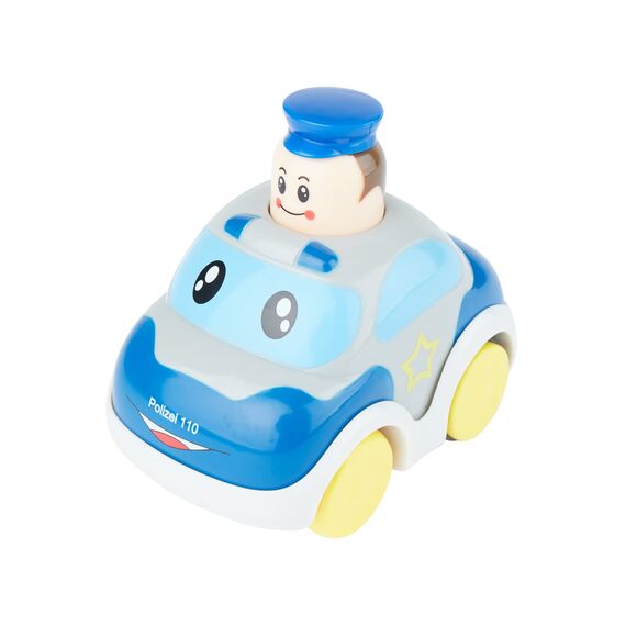 Bieco Drück & Los Flitzer Feuerwehr oder Polizeiauto, Spielzeug-Autos mit Aufzieh Mechanismus durch Kopf herunterdrücken, Rückzug Spielzeugautos ab 12 Monaten für Baby und Kinder