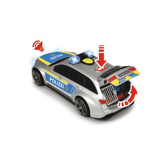 Dickie Toys Mercedes-AMG E43 Polizeiauto, Polizei, motor. Spielzeugauto, Heckklappe öffnet per Knopfdruck mit Hundegebell-Soundeffekt, inkl. Batterien, 30 cm, Silber/Blau