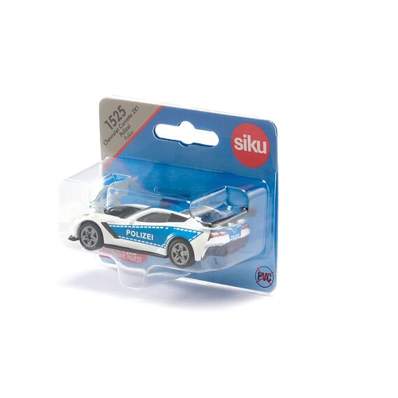 siku 1525, Polizeiauto Chevrolet Corvette ZR1, Polizei-Spielzeug, Metall/Kunststoff, Blau/Weiß, Motorhaube zum Öffnen
