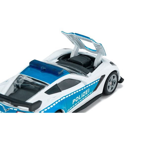 siku 1525, Polizeiauto Chevrolet Corvette ZR1, Polizei-Spielzeug, Metall/Kunststoff, Blau/Weiß, Motorhaube zum Öffnen