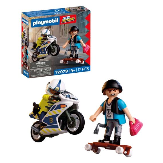 PLAYMOBIL City Action Polizei Verfolgungsjagd mit Motorrad | Polizist jagt Dieb auf Longboard | Fördert Kreativität | Kinder Spielzeug ab 4 Jahren | 72079