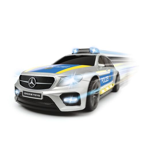 Dickie Toys Mercedes-AMG E43 Polizeiauto, Polizei, motor. Spielzeugauto, Heckklappe öffnet per Knopfdruck mit Hundegebell-Soundeffekt, inkl. Batterien, 30 cm, Silber/Blau