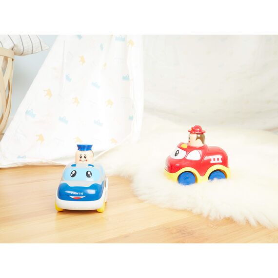 Bieco Drück & Los Flitzer Feuerwehr oder Polizeiauto, Spielzeug-Autos mit Aufzieh Mechanismus durch Kopf herunterdrücken, Rückzug Spielzeugautos ab 12 Monaten für Baby und Kinder