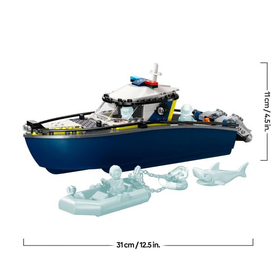 LEGO City Verfolgungsjagd im Polizeiboot – Spielset mit schwimmfähigem Schnellboot, Schlauchboot des Ganoven, 3 Mini-Figuren und Einer Haifigur – Geschenk für Jungen und Mädchen ab 6 Jahren – 60456