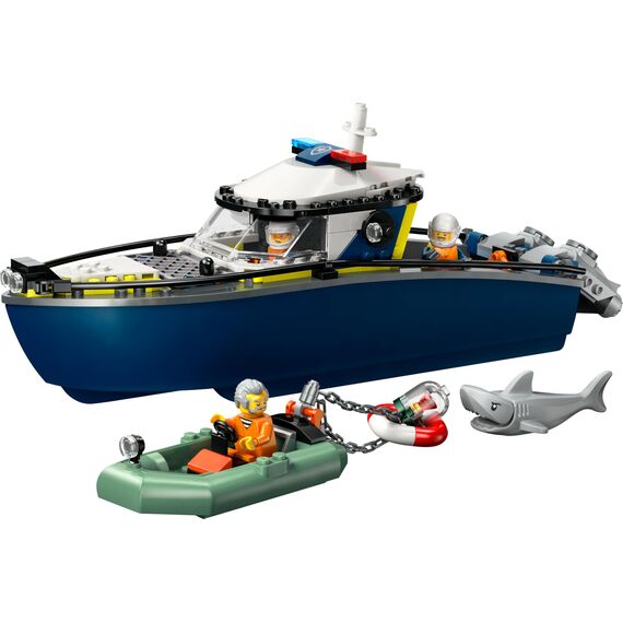 LEGO City Verfolgungsjagd im Polizeiboot – Spielset mit schwimmfähigem Schnellboot, Schlauchboot des Ganoven, 3 Mini-Figuren und Einer Haifigur – Geschenk für Jungen und Mädchen ab 6 Jahren – 60456