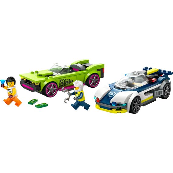 LEGO City Verfolgungsjagd mit Polizeiauto und Muscle Car, Auto-Spielezug mit 2 Rennautos, Polizei-Geschenk für Kinder, Jungs und Mädchen ab 6 Jahren, Set mit Polizist und Ganovin-Minifiguren 60415