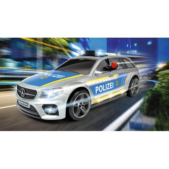 Dickie Toys Mercedes-AMG E43 Polizeiauto, Polizei, motor. Spielzeugauto, Heckklappe öffnet per Knopfdruck mit Hundegebell-Soundeffekt, inkl. Batterien, 30 cm, Silber/Blau