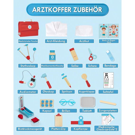 Lehoo Castle Arztkoffer Kinder, Spielzeug ab 3 Jahre, Doktorkoffer Kinder, Arztkoffer mit Arztkittel, Arzt-Kit für Kleinkinder Junge(Blau)