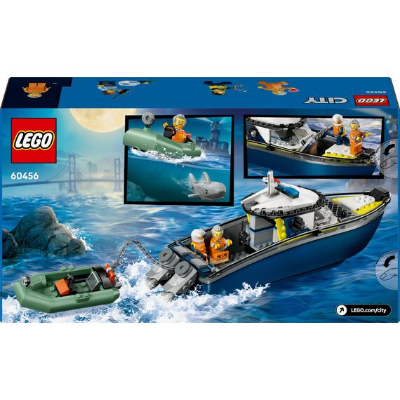 LEGO City Verfolgungsjagd im Polizeiboot – Spielset mit schwimmfähigem Schnellboot, Schlauchboot des Ganoven, 3 Mini-Figuren und Einer Haifigur – Geschenk für Jungen und Mädchen ab 6 Jahren – 60456