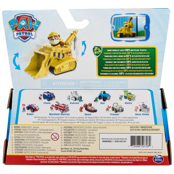 PAW Patrol, Baustellen-Fahrzeug mit Rubble-Figur (Sustainable Basic Vehicle/Basis Fahrzeug), Spielzeug für Kinder ab 3 Jahren