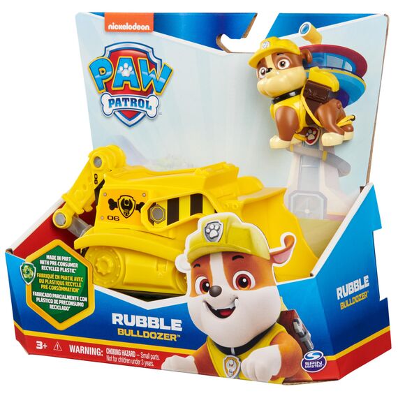 PAW Patrol, Baustellen-Fahrzeug mit Rubble-Figur (Sustainable Basic Vehicle/Basis Fahrzeug), Spielzeug für Kinder ab 3 Jahren