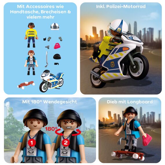 PLAYMOBIL City Action Polizei Verfolgungsjagd mit Motorrad | Polizist jagt Dieb auf Longboard | Fördert Kreativität | Kinder Spielzeug ab 4 Jahren | 72079