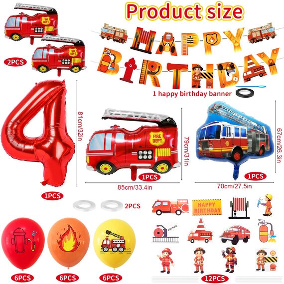 Feuerwehr Geburtstag Deko 4 Jahre 36 Stück, Feuerwehrauto 4 Geburtstag Luftballon, Kindergeburtstag Feuerwehrauto Deko, Feuerwehrmann Geburtstagsdeko, Geburtstagsdeko 4 Jahre Junge