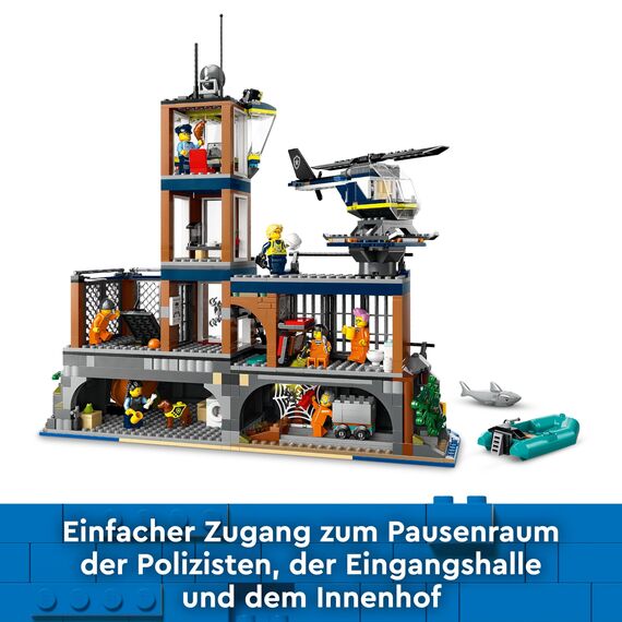 LEGO City Polizeistation auf der Gefängnisinsel, Polizei Spielzeug mit Hubschrauber, Boot und Hai, Set mit 7 Minifiguren und Hund, Geschenk zum Geburtstag für Jungen und Mädchen ab 7 Jahren 60419