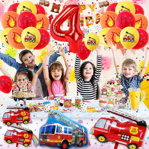 Feuerwehr Geburtstag Deko 4 Jahre 36 Stück, Feuerwehrauto 4 Geburtstag Luftballon, Kindergeburtstag Feuerwehrauto Deko, Feuerwehrmann Geburtstagsdeko, Geburtstagsdeko 4 Jahre Junge