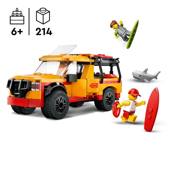 LEGO City Lifeguard Beach Rescue Truck Toy with 2 Minifigures and a Shark Figure - Building Set for 6+ Year Old Boys & Girls - Gifts for Beach-Loving Kids - 60453