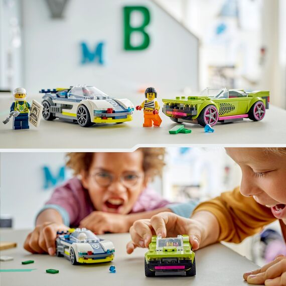 LEGO City Verfolgungsjagd mit Polizeiauto und Muscle Car, Auto-Spielezug mit 2 Rennautos, Polizei-Geschenk für Kinder, Jungs und Mädchen ab 6 Jahren, Set mit Polizist und Ganovin-Minifiguren 60415
