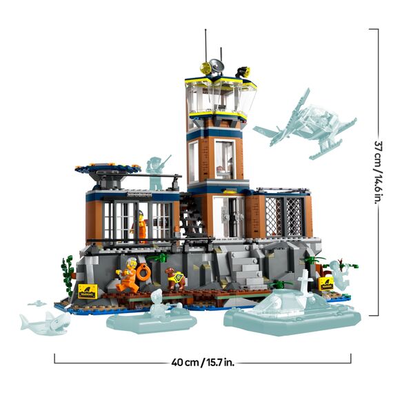 LEGO City Polizeistation auf der Gefängnisinsel, Polizei Spielzeug mit Hubschrauber, Boot und Hai, Set mit 7 Minifiguren und Hund, Geschenk zum Geburtstag für Jungen und Mädchen ab 7 Jahren 60419