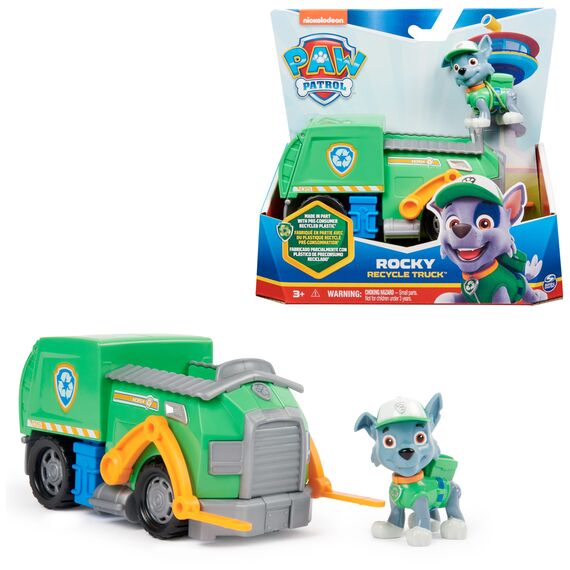 PAW PATROL, Recycling-Truck mit Rocky-Figur (Sustainable Basic Vehicle/Basis Fahrzeug), Spielzeug für Kinder ab 3 Jahren