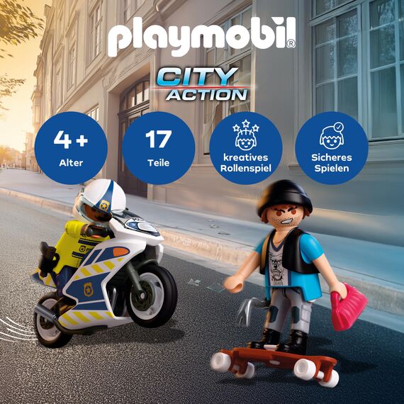 PLAYMOBIL City Action Polizei Verfolgungsjagd mit Motorrad | Polizist jagt Dieb auf Longboard | Fördert Kreativität | Kinder Spielzeug ab 4 Jahren | 72079